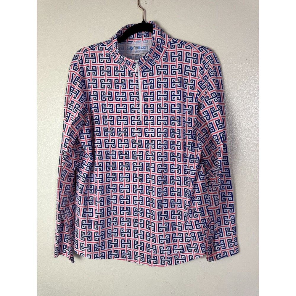 Ibkul Womens Long Sleeve 1/4 Zip Shirt Top Size Large Blue Pink Geometric Golf
